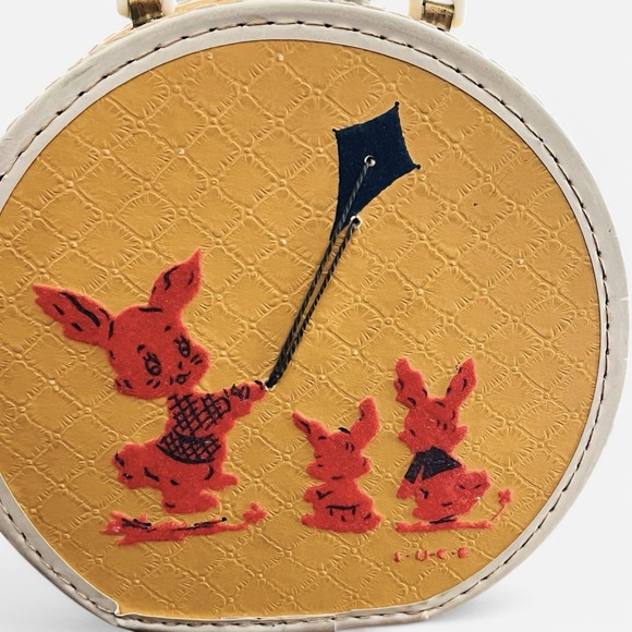 Vintage Luce Flocked Yellow Bunny Kite Child's Round Toy Case Suitcase Bag - Picture 2 of 12